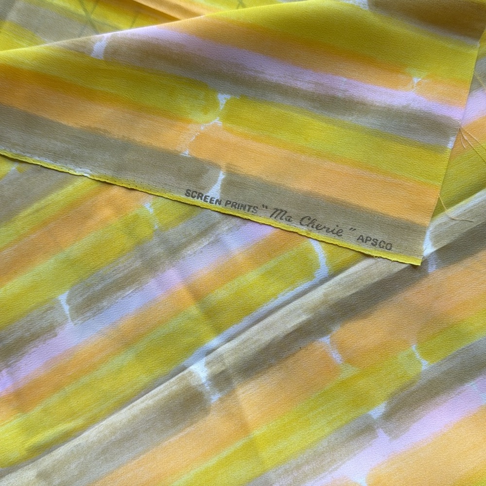 Vintage “Ma Cherie” APSCO Screen Print Fabric, 43” x 59”,  Yellow & Lavender
